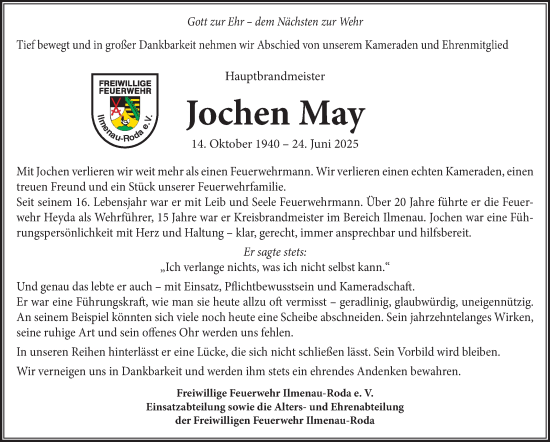 Traueranzeige von Jochen May von Südthüringer Presse