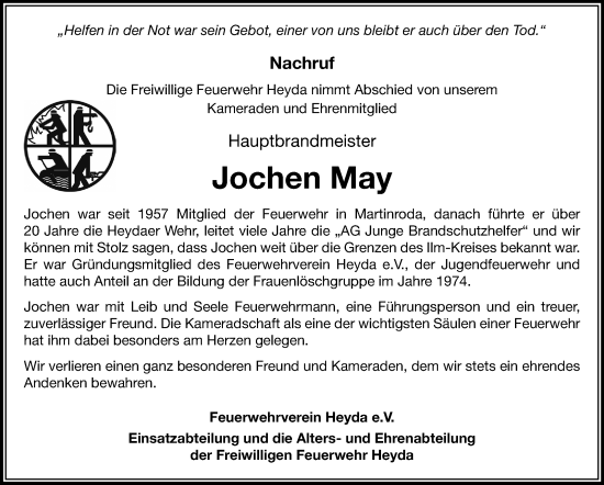 Traueranzeige von Jochen May von Südthüringer Presse