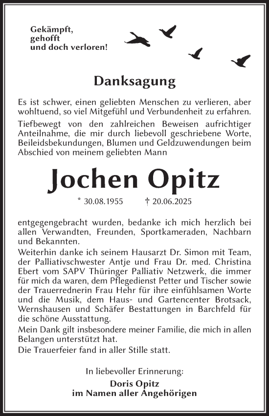 Traueranzeige von Jochen Opitz von Südthüringer Presse
