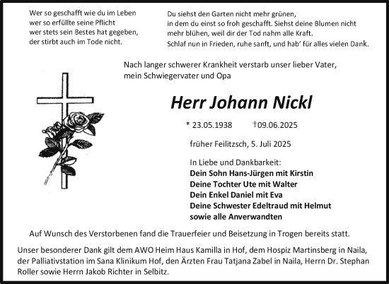 Traueranzeige von Johann Nickl von Frankenpost