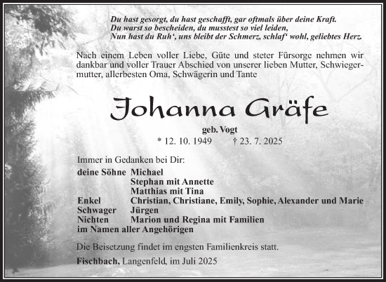 Traueranzeige von Johanna Gräfe von Südthüringer Presse