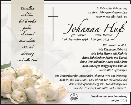 Traueranzeige von Johanna Huß von Südthüringer Presse