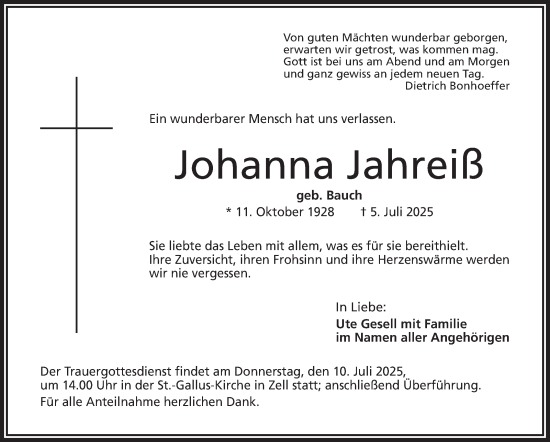 Traueranzeige von Johanna Jahreiß von Frankenpost
