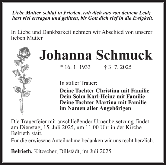 Traueranzeige von Johanna Schmuck von Südthüringer Presse