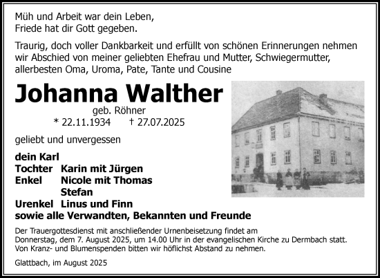 Traueranzeige von Johanna Walther von Südthüringer Presse