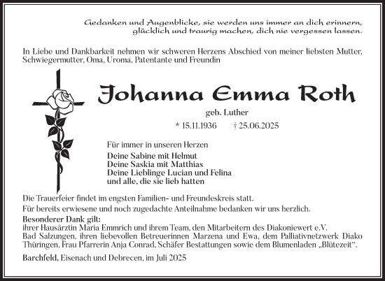 Traueranzeige von Johanna Emma Roth von Südthüringer Presse