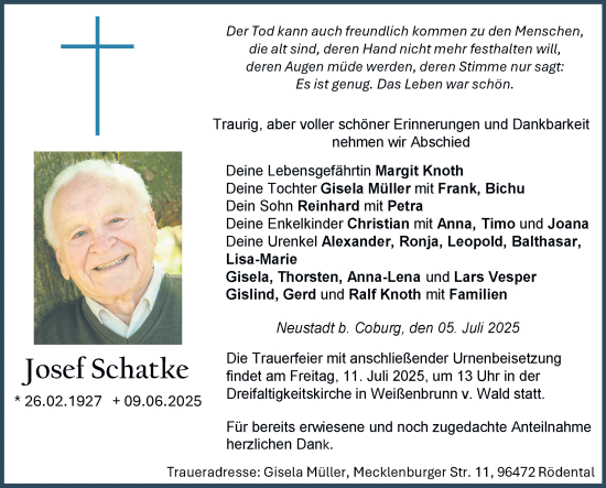 Traueranzeige von Josef Schatke von Neue Presse Coburg