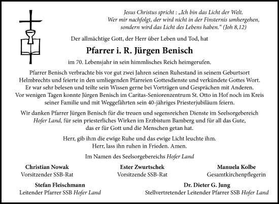 Traueranzeige von Jürgen Benisch von Frankenpost