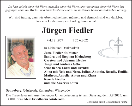Traueranzeige von Jürgen Fiedler von Südthüringer Presse