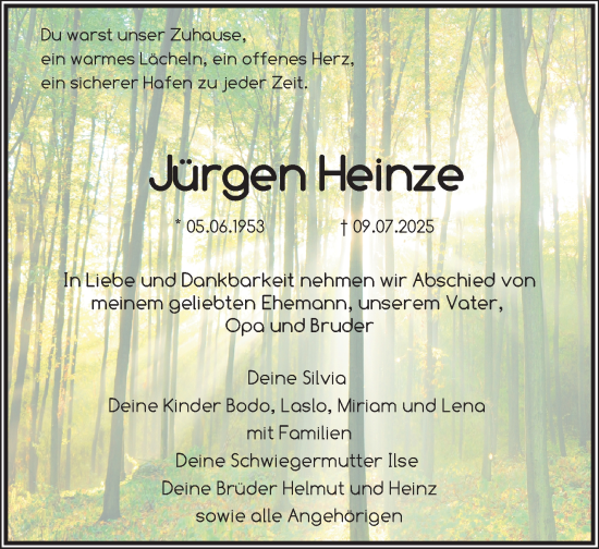 Traueranzeige von Jürgen Heinze von Südthüringer Presse