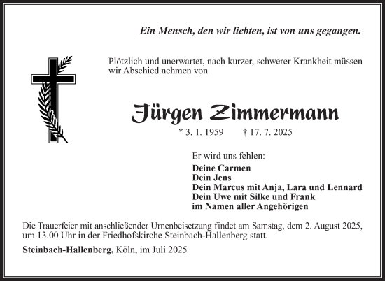 Traueranzeige von Jürgen Zimmermann von Südthüringer Presse