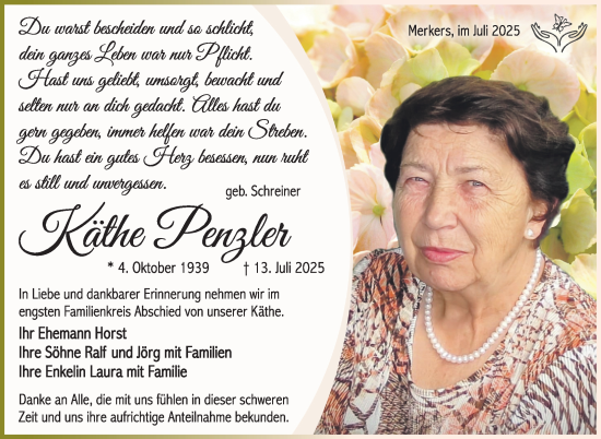 Traueranzeige von Käthe Penzler von Südthüringer Presse