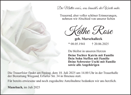 Traueranzeige von Käthe Rose von Südthüringer Presse