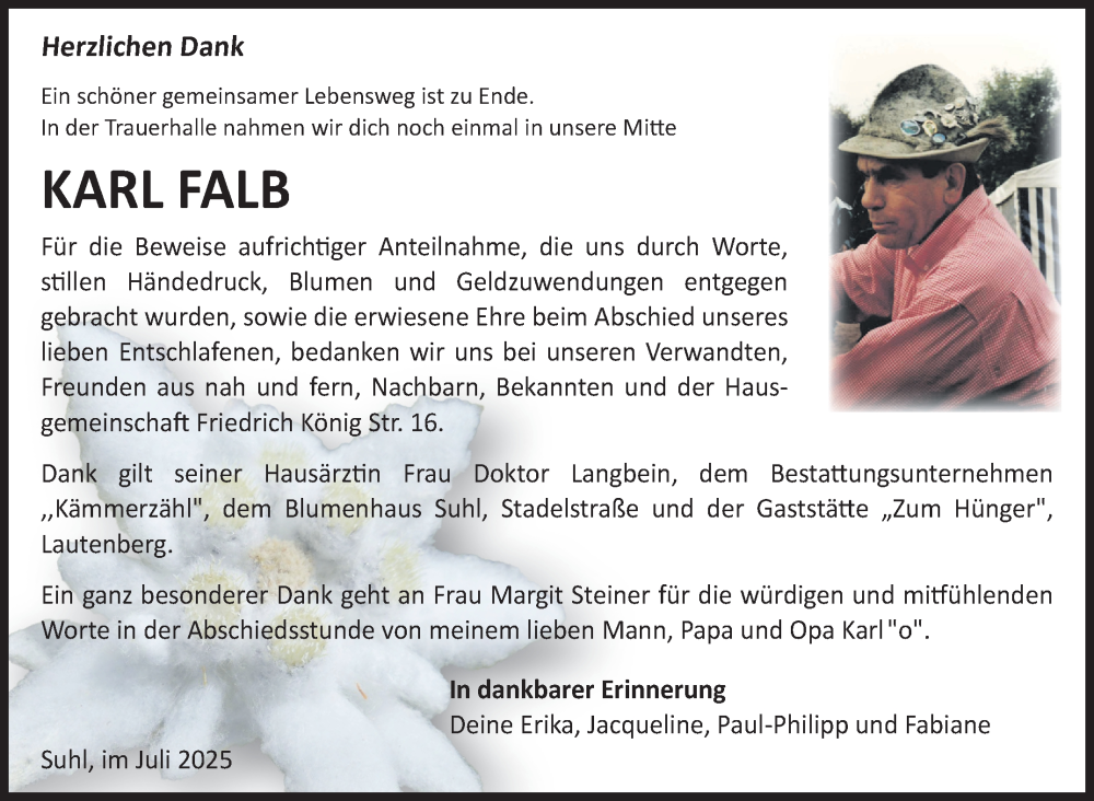  Traueranzeige für Karl Falb vom 05.07.2025 aus Südthüringer Presse