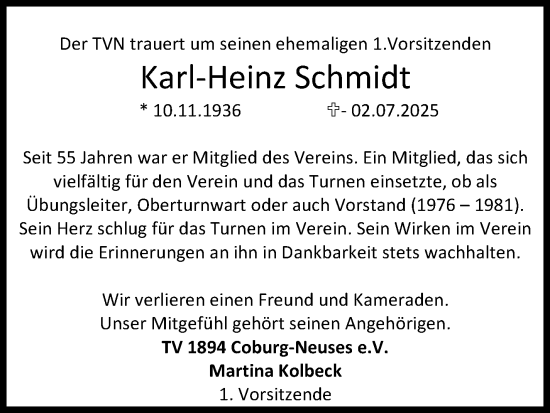 Traueranzeige von Karl-Heinz Schmidt von Südthüringer Presse
