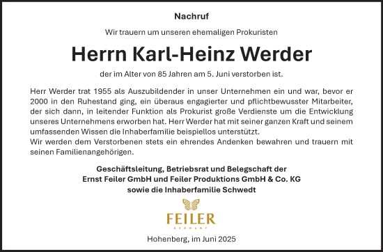 Traueranzeige von Karl-Heinz Werder von Frankenpost