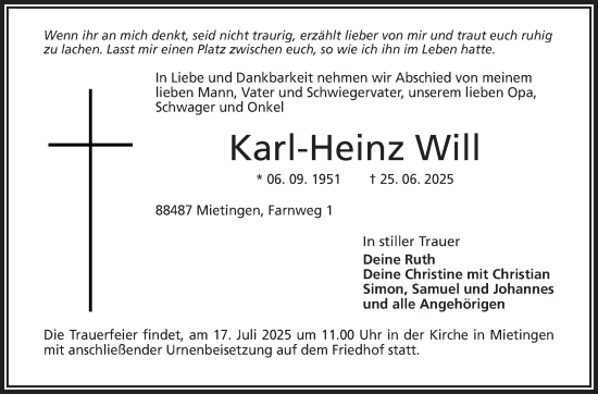 Traueranzeige von Karl-Heinz Will von Frankenpost
