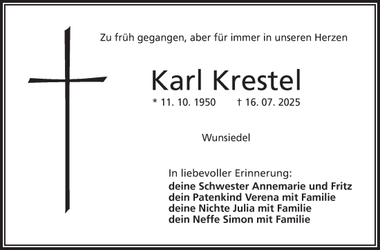 Traueranzeige von Karl Krestel von Südthüringer Presse