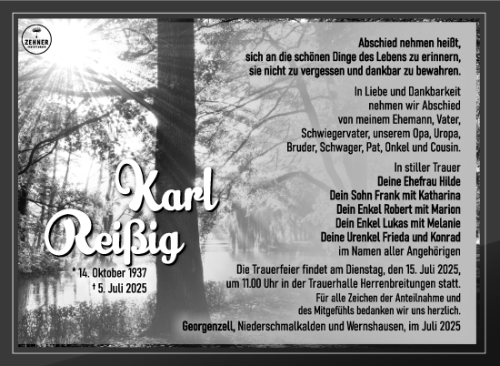 Traueranzeige von Karl Reißig von Südthüringer Presse