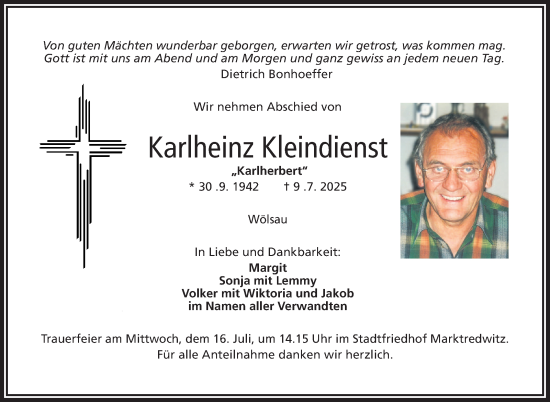 Traueranzeige von Karlheinz Kleindienst von Frankenpost