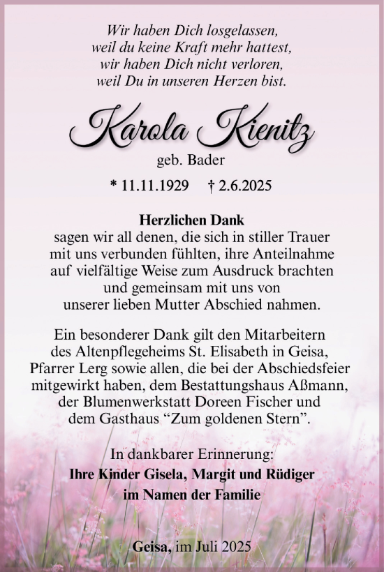 Traueranzeige von Karola Kienitz von Südthüringer Presse