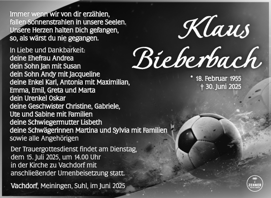 Traueranzeige von Klaus Bieberbach von Südthüringer Presse