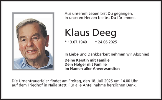 Traueranzeige von Klaus Deeg von Frankenpost