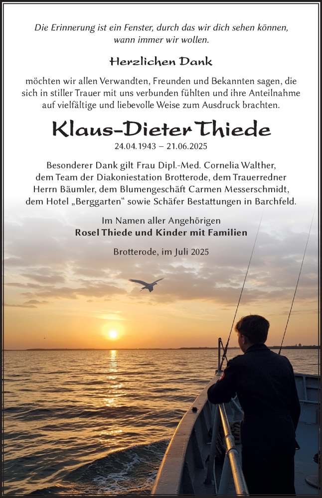  Traueranzeige für Klaus-Dieter Thiede vom 18.07.2025 aus Südthüringer Presse