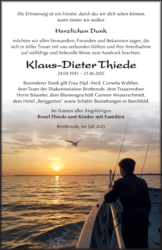 Traueranzeige von Klaus-Dieter Thiede von Südthüringer Presse
