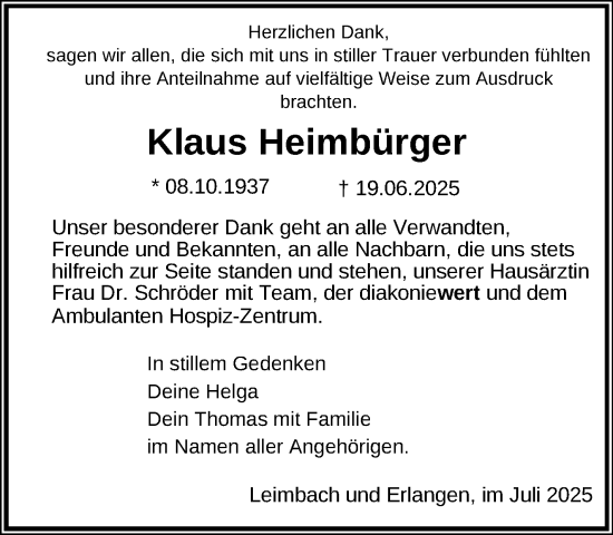 Traueranzeige von Klaus Heimbürger von Südthüringer Presse