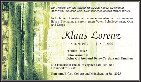Traueranzeige von Klaus Lorenz von Südthüringer Presse