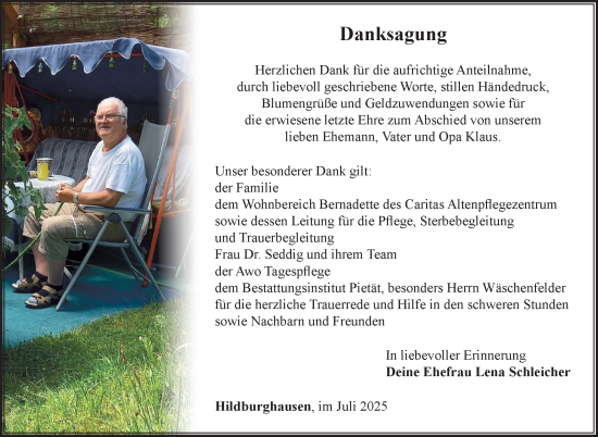 Traueranzeige von Klaus Schleicher von Südthüringer Presse