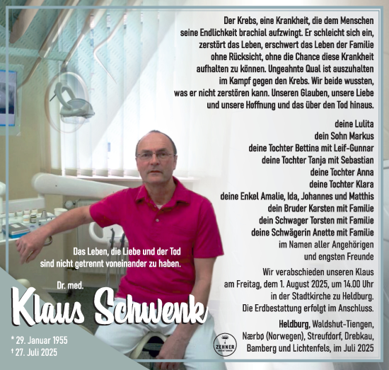 Traueranzeige von Klaus Schwenk von Südthüringer Presse