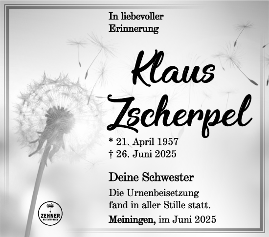 Traueranzeige von Klaus Zscherpel von Südthüringer Presse