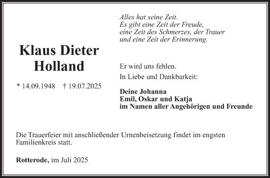 Traueranzeige von Klaus Dieter Holland von Südthüringer Presse