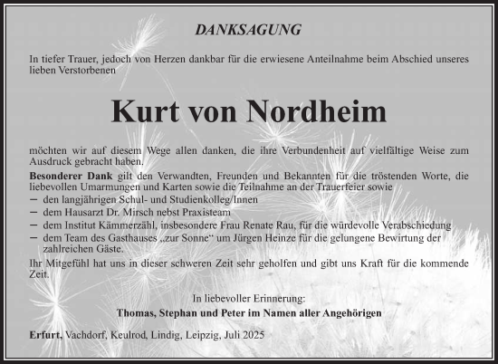 Traueranzeige von Kurt von Nordheim von Südthüringer Presse