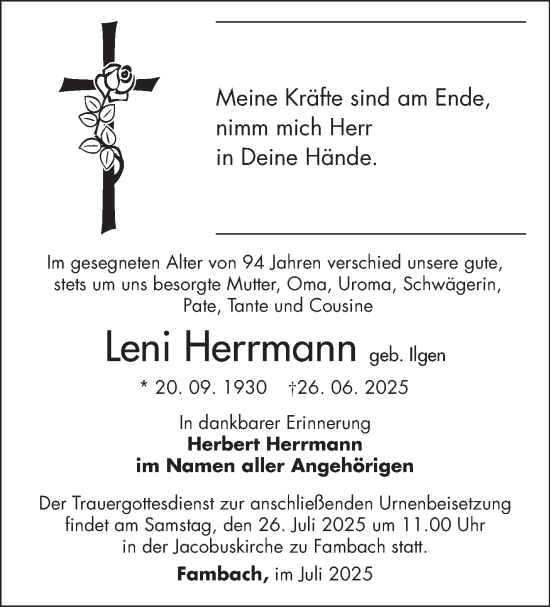 Traueranzeige von Leni Herrmann von Südthüringer Presse