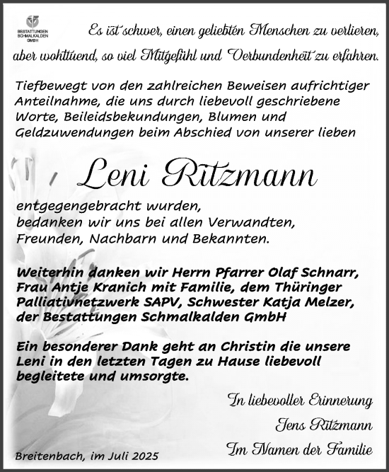 Traueranzeige von Leni Ritzmann von Südthüringer Presse