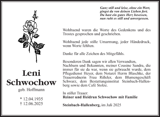 Traueranzeige von Leni Schwochow von Südthüringer Presse