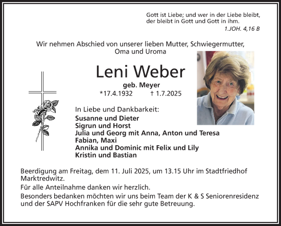 Traueranzeige von Leni Weber von Frankenpost