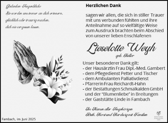 Traueranzeige von Lieselotte Weyh von Südthüringer Presse