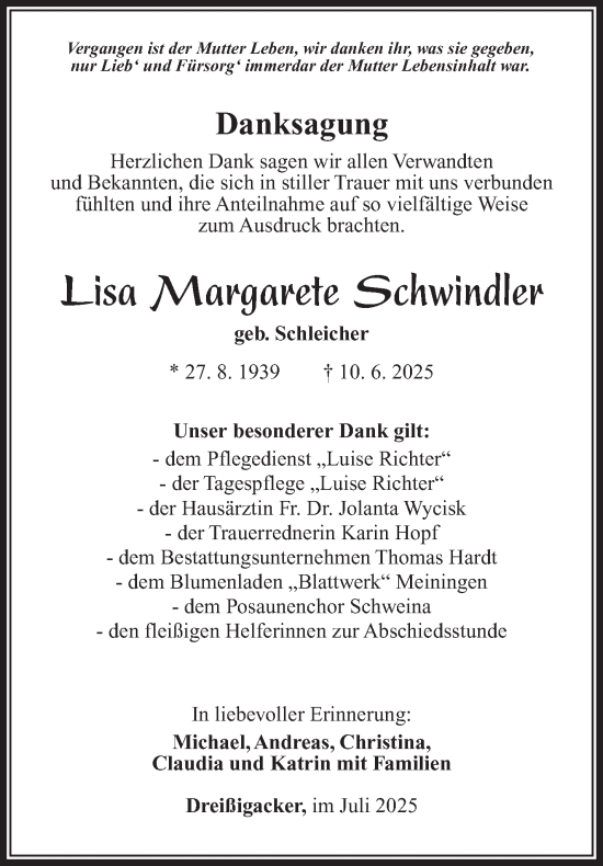 Traueranzeige von Lisa Schwindler von Südthüringer Presse