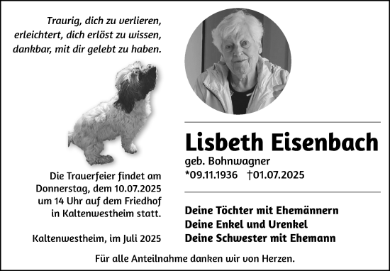 Traueranzeige von Lisbeth Eisenbach von Südthüringer Presse