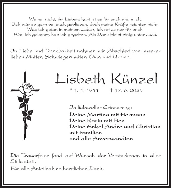 Traueranzeige von Lisbeth Künzel von Frankenpost