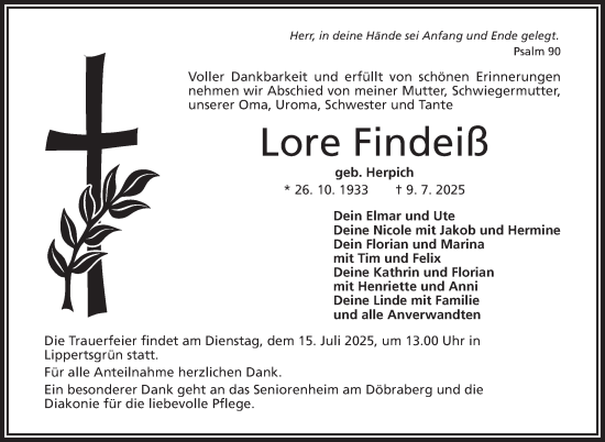 Traueranzeige von Lore Findeiß von Frankenpost