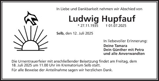 Traueranzeige von Ludwig Hupfauf von Frankenpost