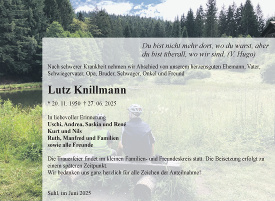 Traueranzeige von Lutz Knillmann von Südthüringer Presse
