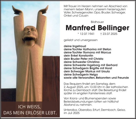 Traueranzeige von Manfred Bellinger von Südthüringer Presse