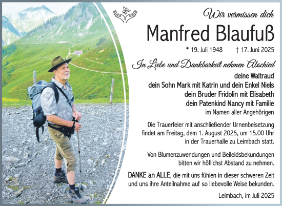 Traueranzeige von Manfred Blaufuß von Südthüringer Presse