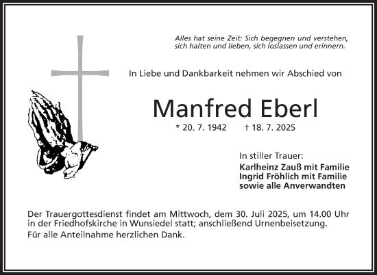 Traueranzeige von Manfred Eberl von Frankenpost